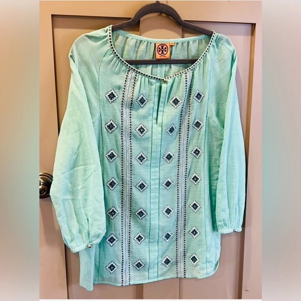 Tory Burch Green Lucille Beaded Bohemian Tunic Top Shirt